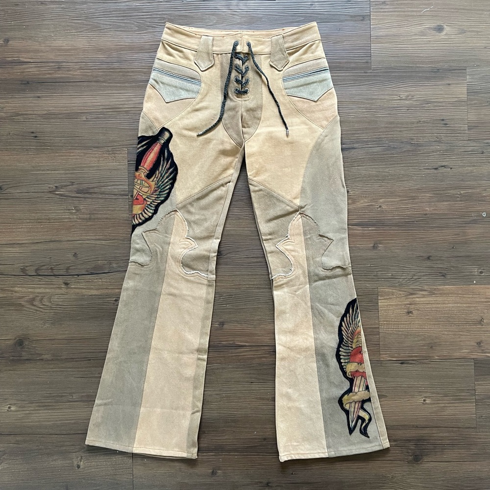 A&G Rock n Roll Couture Fleur Knee Cashmere Patch Bootcut Flare Pants